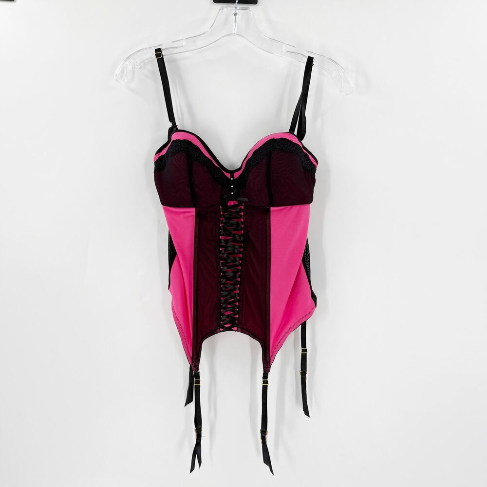 B’ Naked Pink Black Bustier Corset Lingerie Garter Lace Up Teddy Size L Sexy